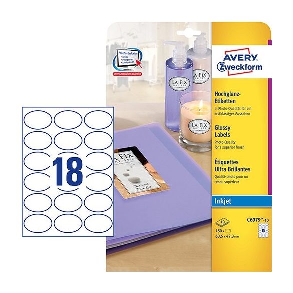 Etikett címke speciális C6079-10 fényes fotóminőségű ovális 63,5x42,3mm 10ív tintasugaras Avery